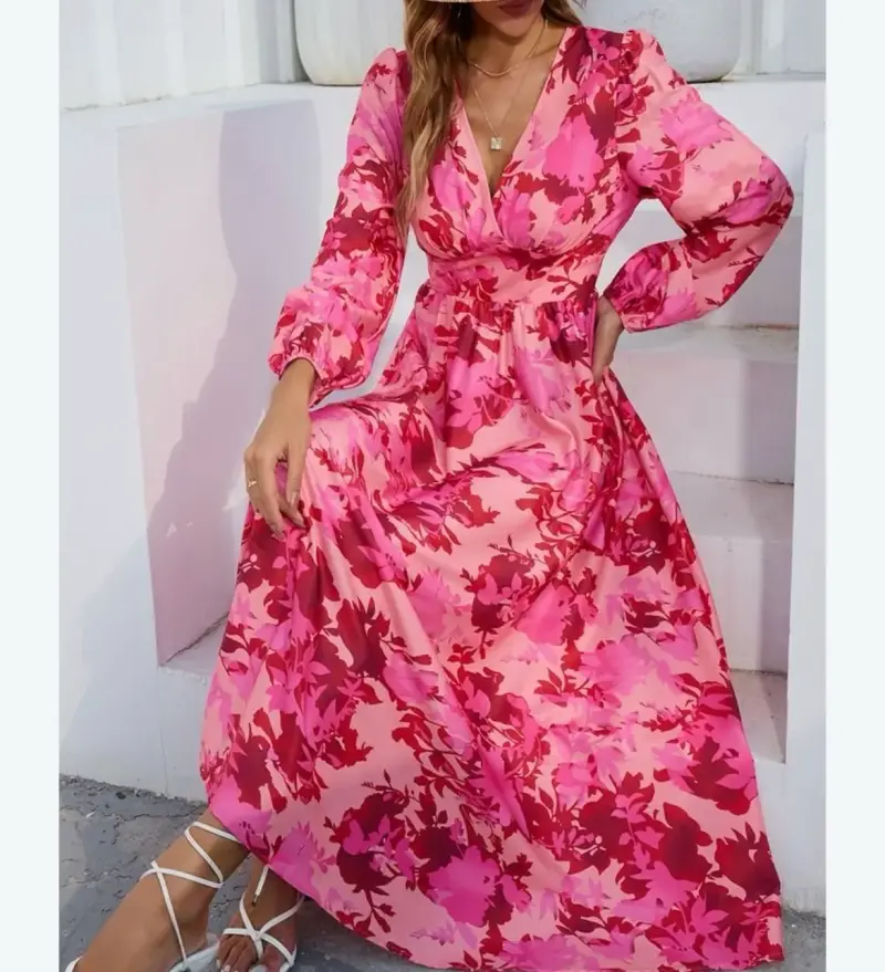 Vestido largo floral rosa con mangas largas - 1