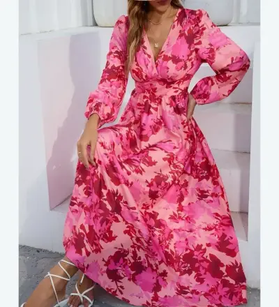 Vestido largo floral rosa con mangas largas - miniatura 1