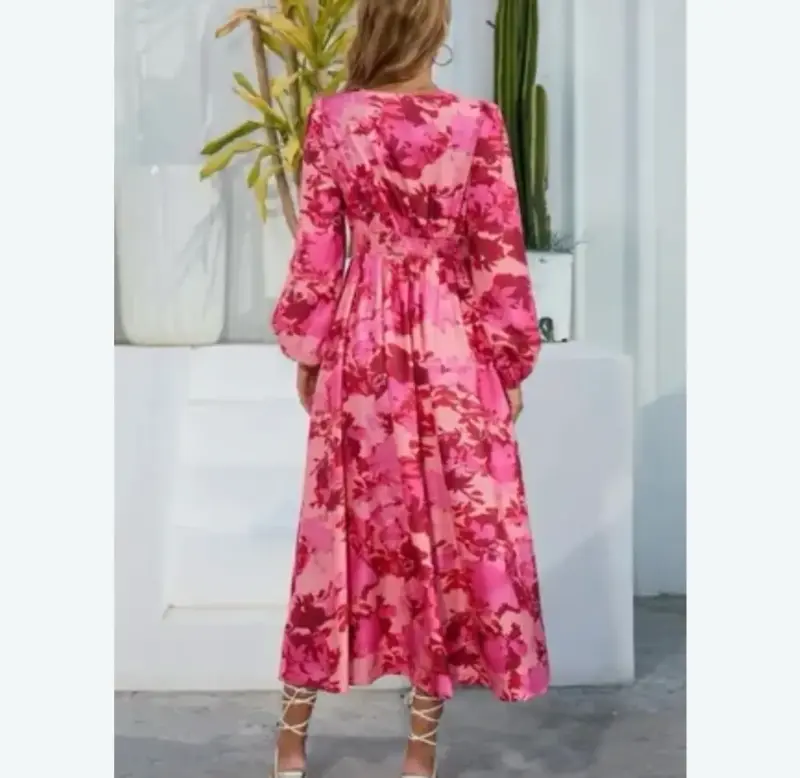 Vestido largo floral rosa con mangas largas - 2