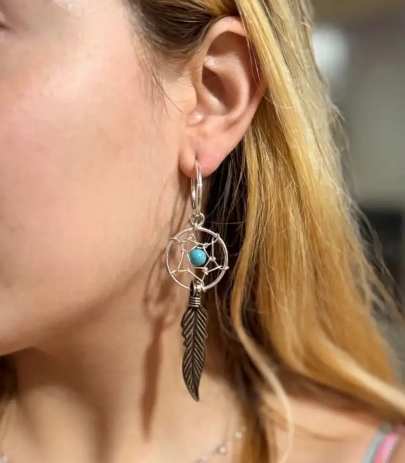 Aros atrapasueños con pluma piedra turquesa - 2
