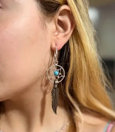 Aros  atrapasueños con pluma piedra turquesa - miniatura 2
