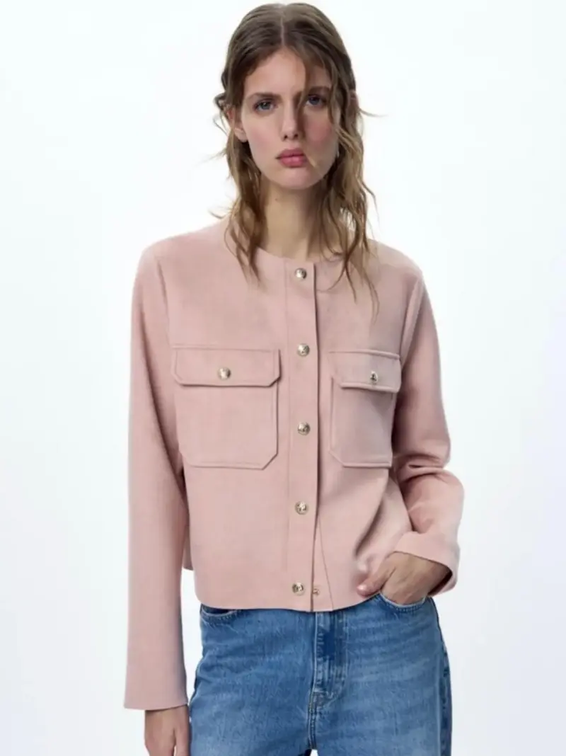 Chaqueta Rosa Mujer Zara con Bolsillos - 1
