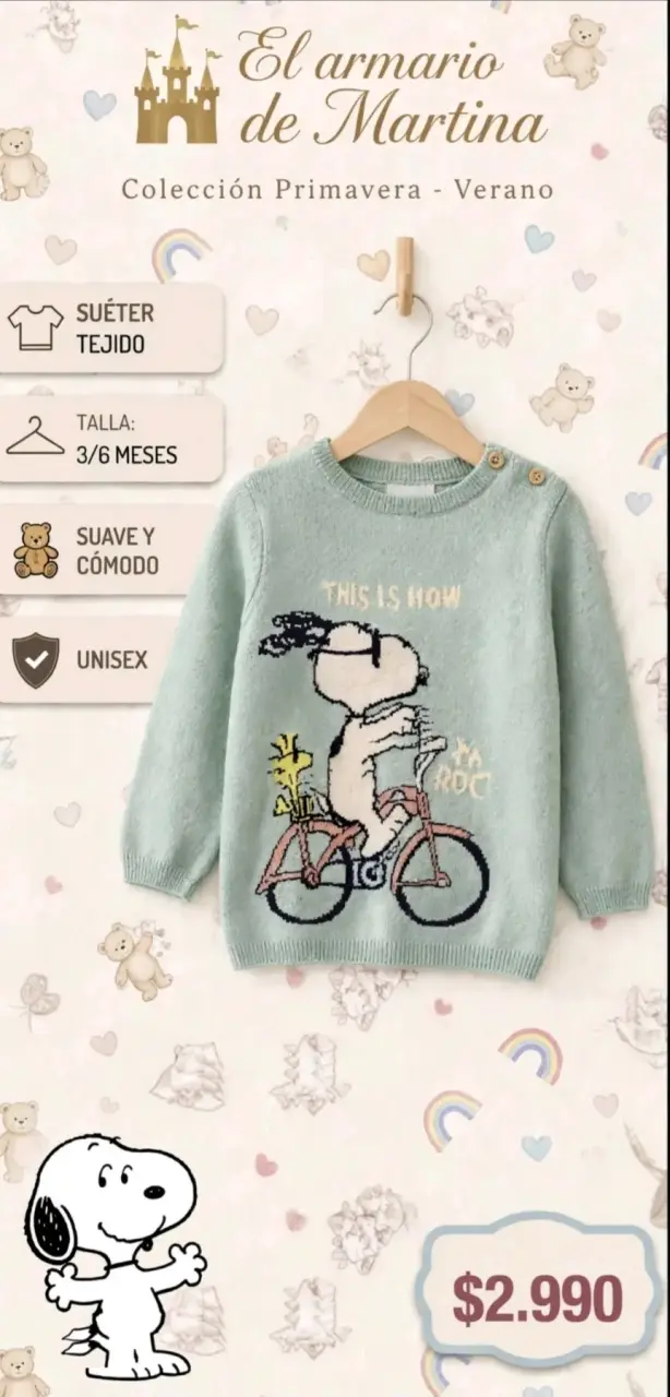 Suéter tejido unisex Snoopy 3-6 meses