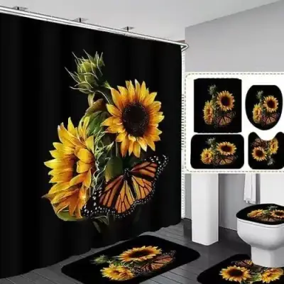 Juego de baño con cortina y alfombras de girasoles - miniatura 1