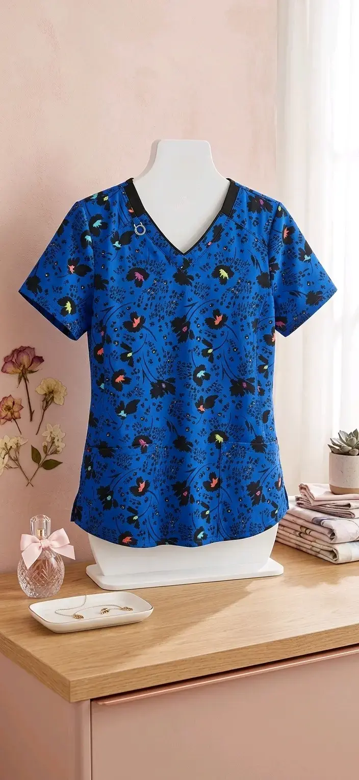 Blusa médica azul con estampado floral