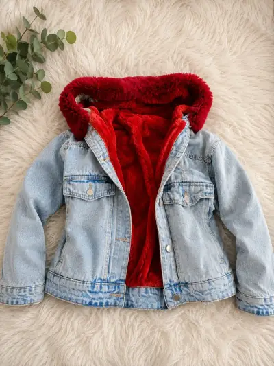 Chaqueta de mezclilla con forro rojo de felpa - miniatura 3