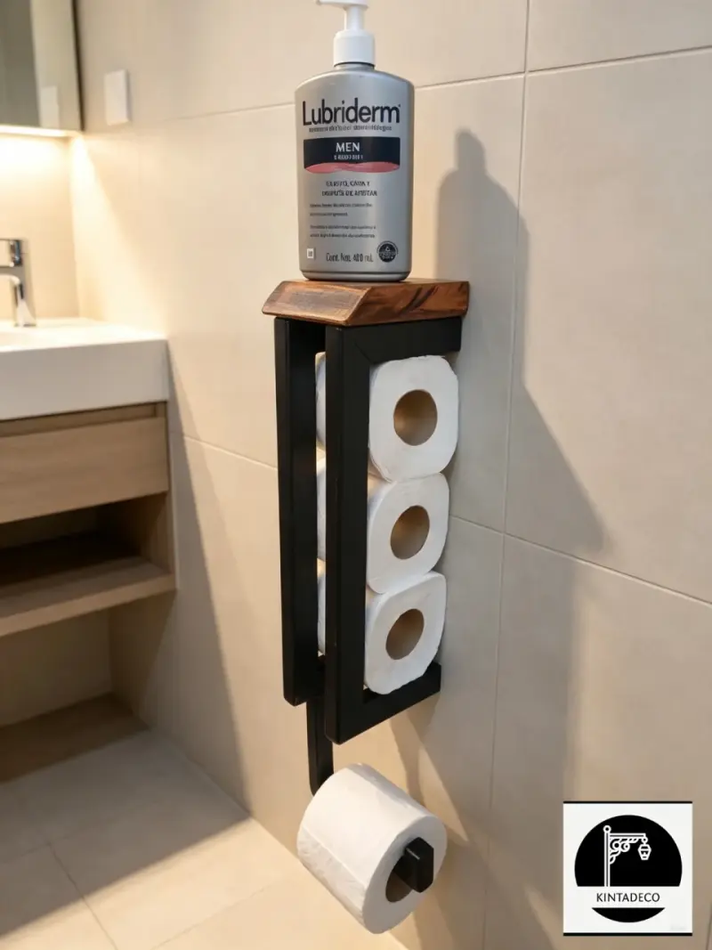 Porta papel higiénico de metal con estante de madera
