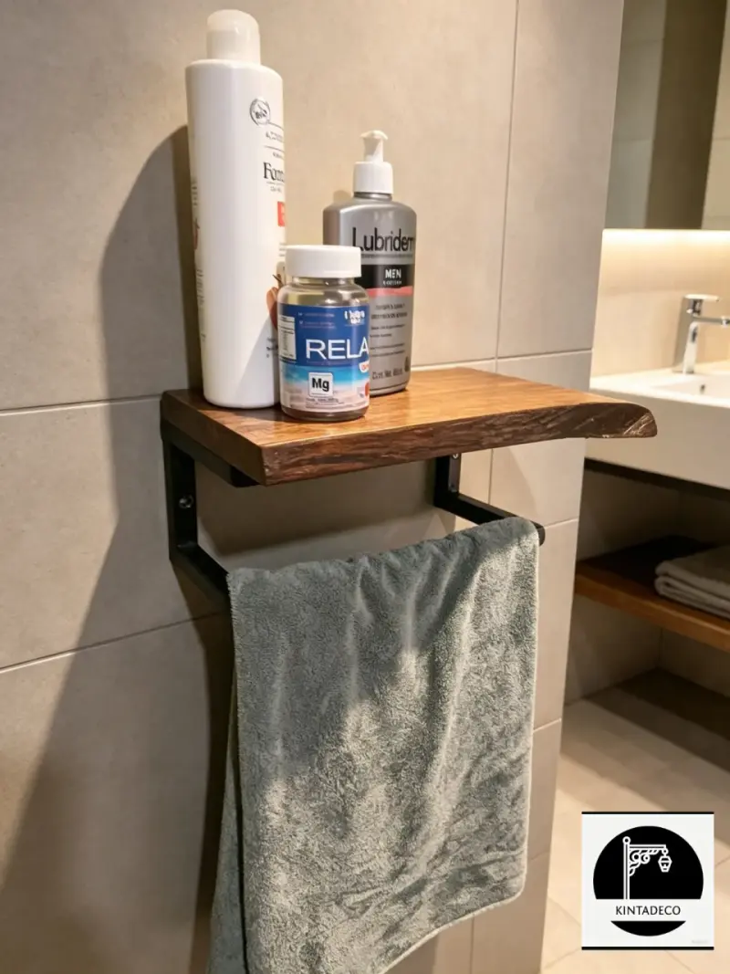 Estante de baño con toallero de madera y metal