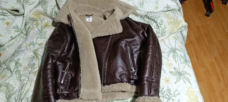 Chaqueta de cuero marrón con forro de lana XL - 2