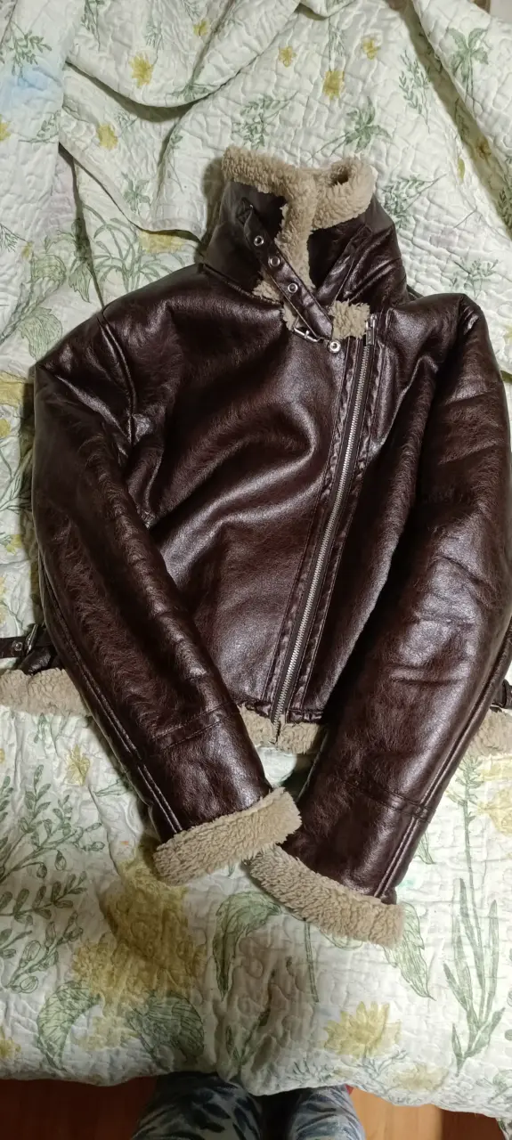Chaqueta de cuero marrón con forro de lana XL - 3