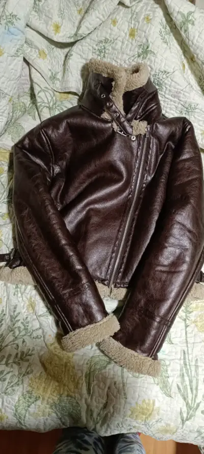Chaqueta de cuero marrón con forro de lana XL - miniatura 3