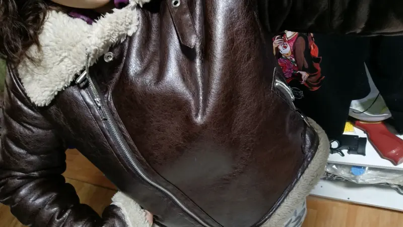 Chaqueta de cuero marrón con forro de lana XL - 6