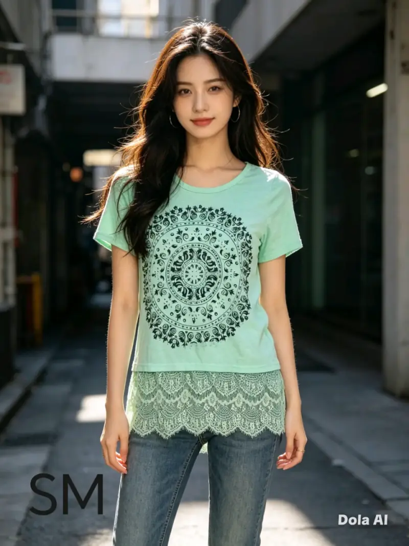 Polera verde con encaje y estampado mandala