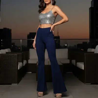 Pantalón Flare Elastizado Talla L para mujer Azul - miniatura 4