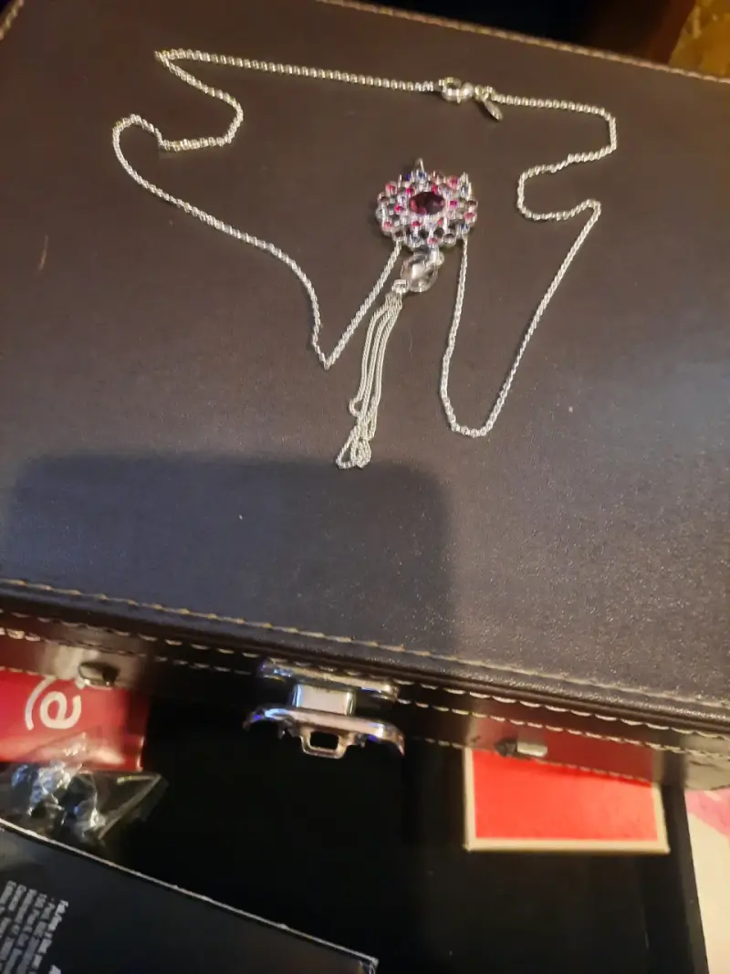 Conjunto de joyería con collar y aros de plata y piedras rojas - 3