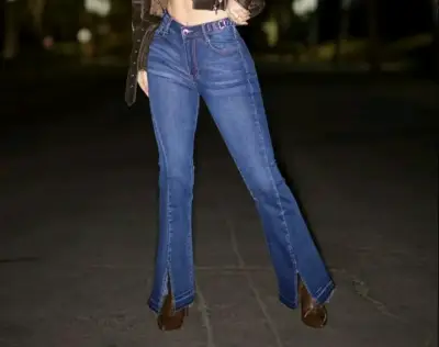Jeans acampanados de mezclilla azul para mujer - miniatura 1