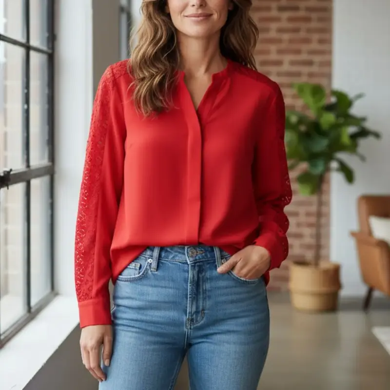 Blusa Roja con Encaje en Mangas H&M Talla 36 - 4