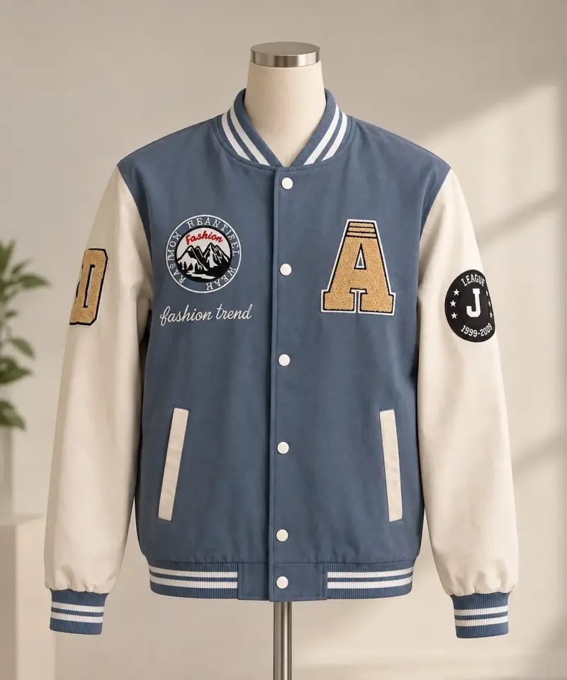 Chaqueta varsity azul con parches bordados