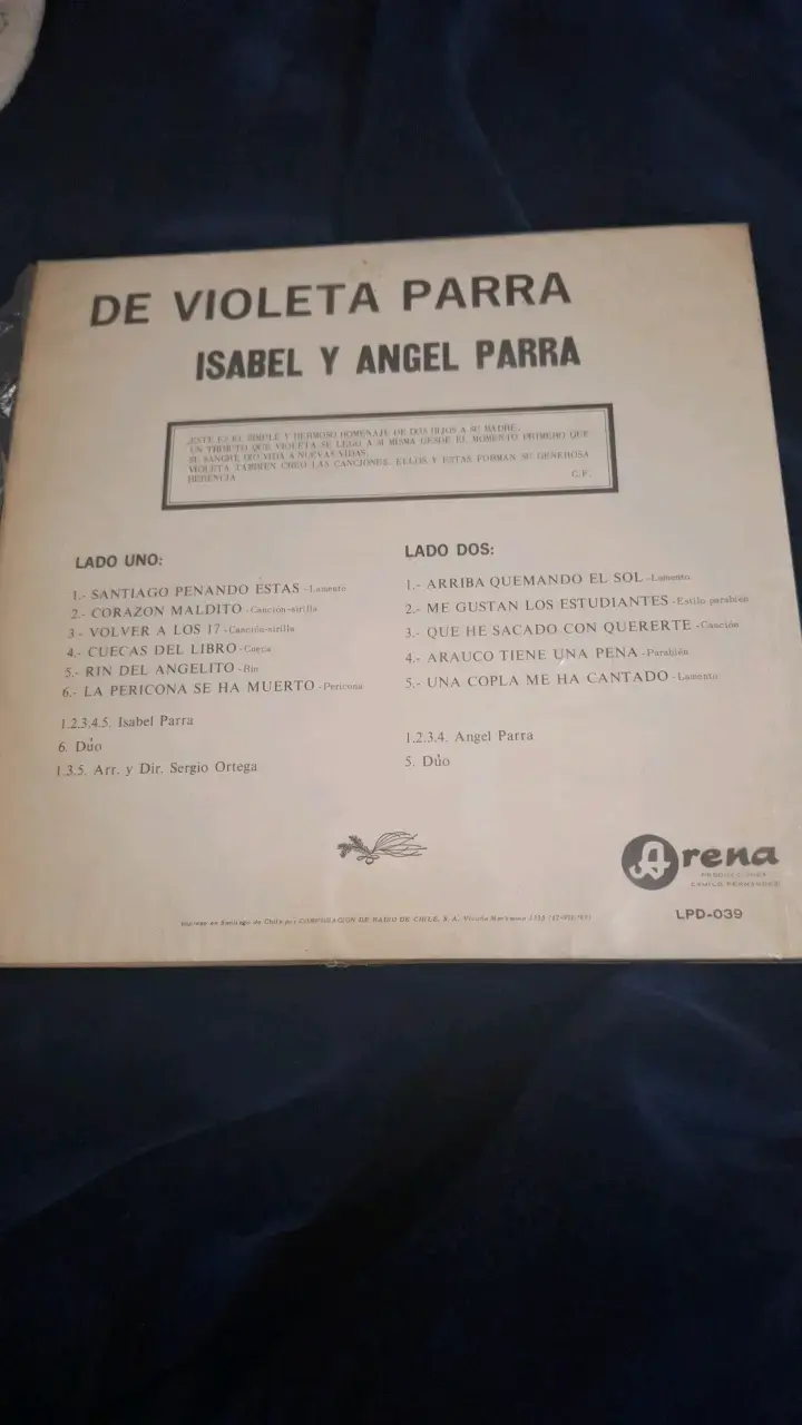 Vinilo De Violeta Parra por Isabel y Ángel Parra - 2
