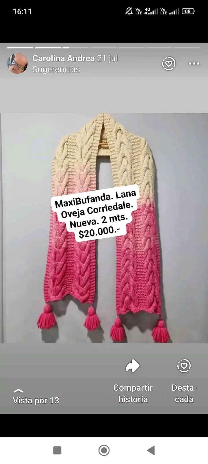 Maxibufanda de lana oveja Corridale 2 metros