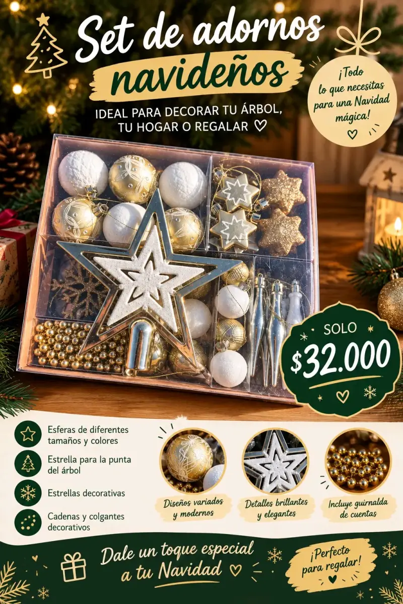 Set de Adornos Navideños Dorados y Plateados - 1