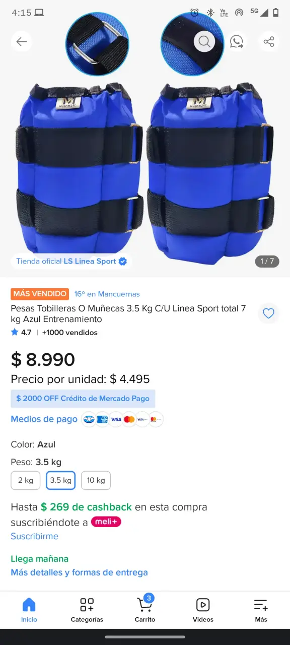 Pesas Tobilleras 3.5 Kg Azul para Entrenamiento - 4