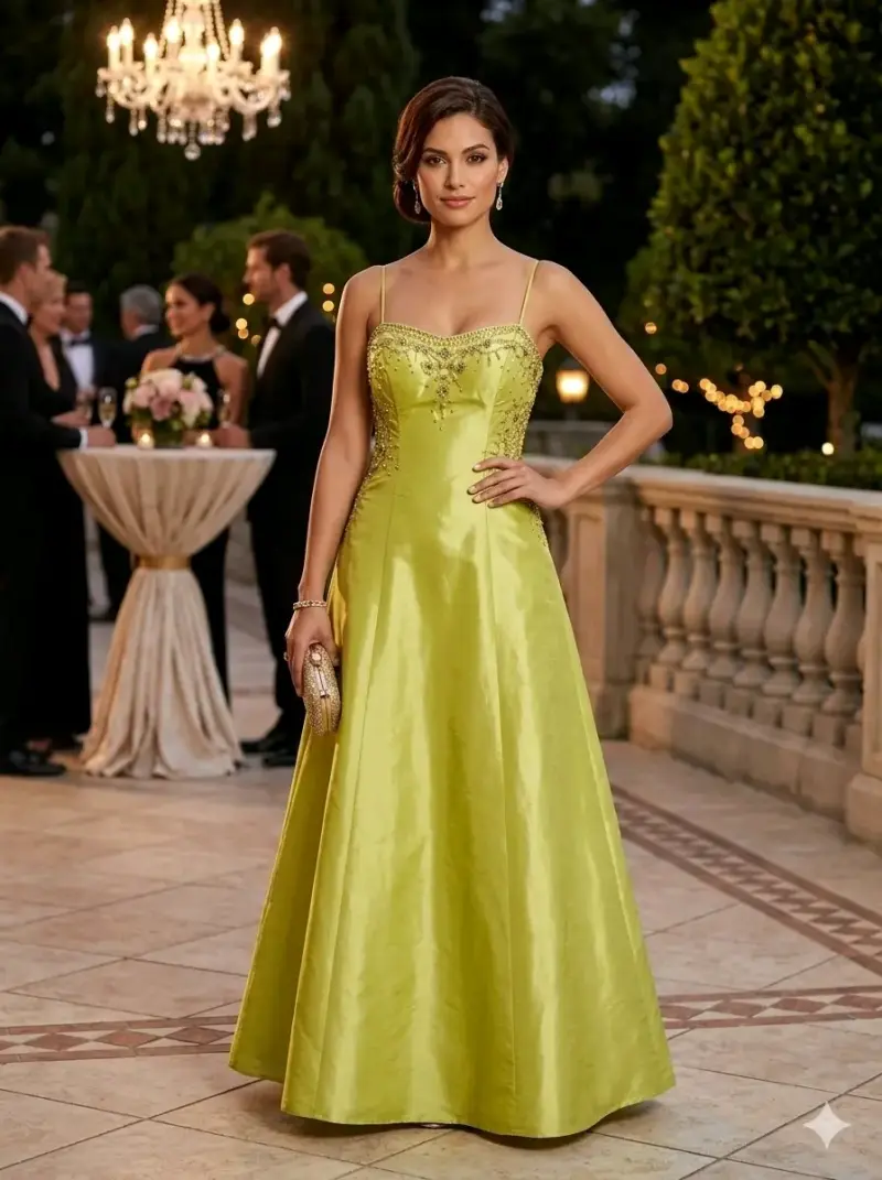 Vestido de noche largo verde con detalles brillantes - 1