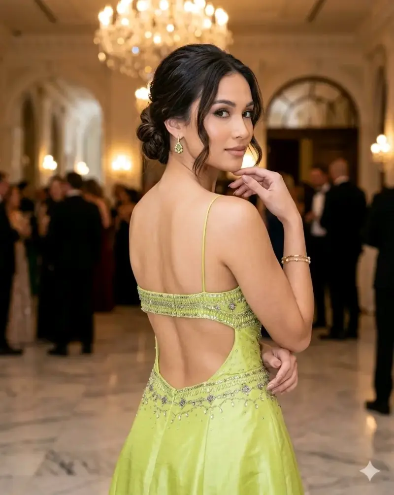 Vestido de noche largo verde con detalles brillantes - 2