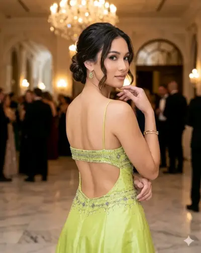 Vestido de noche largo verde con detalles brillantes - miniatura 2