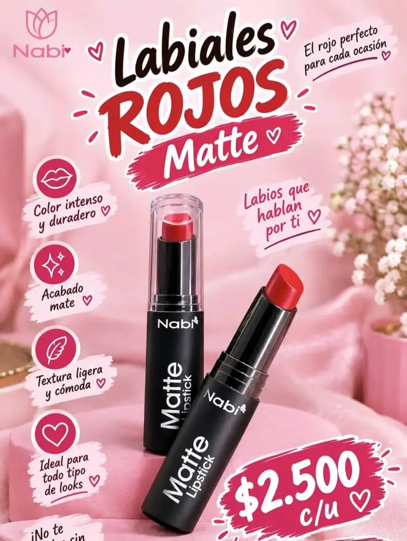 Labial Rojo Mate Nabi Intenso y Duradero