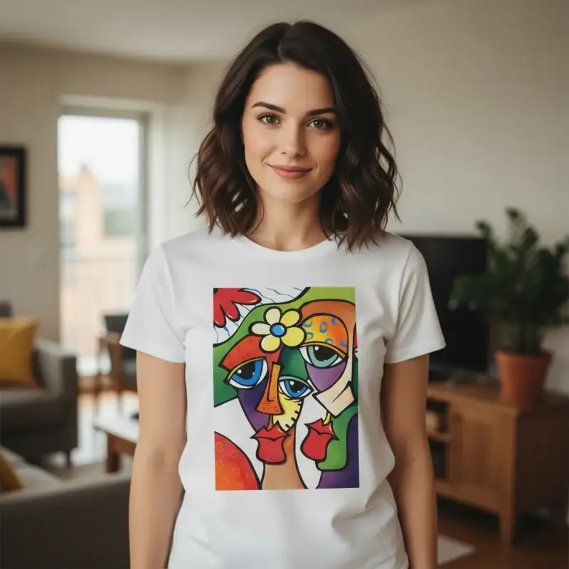 Polera Mujer Blanca Algodón Talla L Diseño Arte - 2