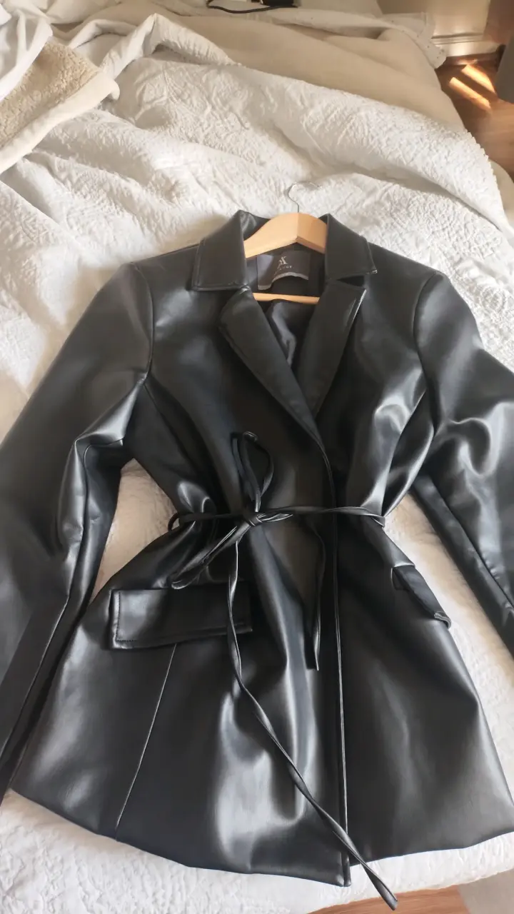 Chaqueta de cuero sintético negra con cinturón