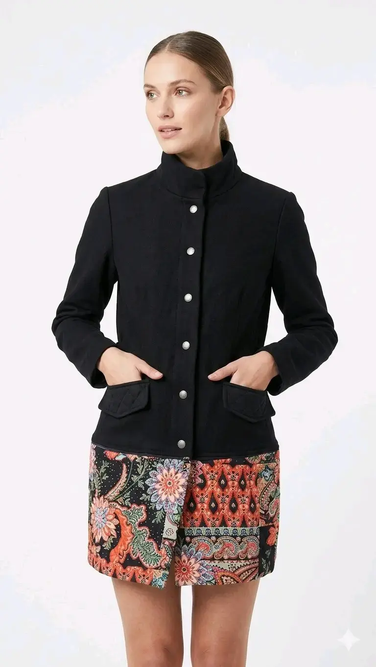 Chaqueta negra con botones y diseño floral - 1