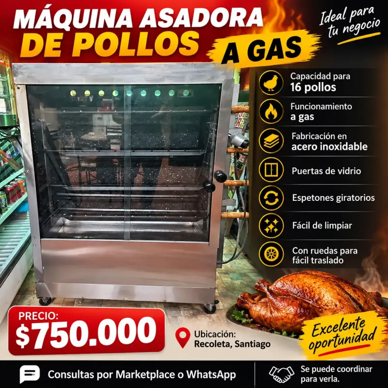 Máquina Asadora de Pollos a Gas con Capacidad para 16 Pollos