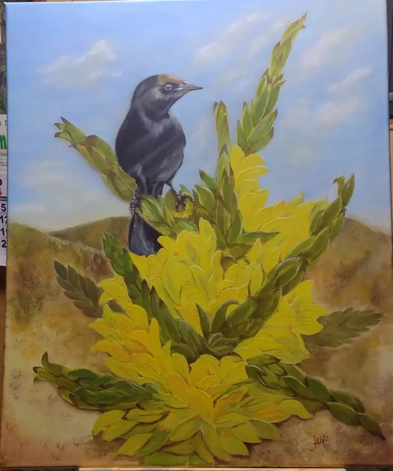 Cuadro Pintura de Pájaro Negro en Flores Amarillas
