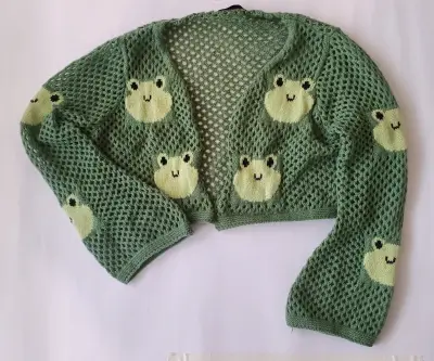 Cardigan tejido verde con diseño de ranas - miniatura 1