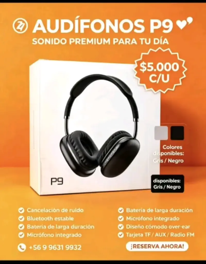 Audífonos Bluetooth P9 con Cancelación de Ruido