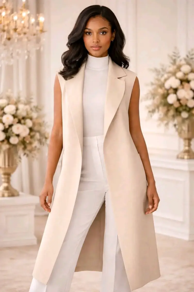 Chaleco largo sin mangas beige elegante