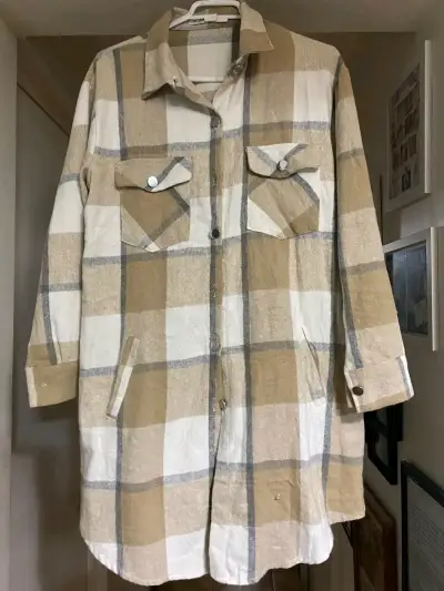 Abrigo de cuadros beige y blanco para mujer - miniatura 1