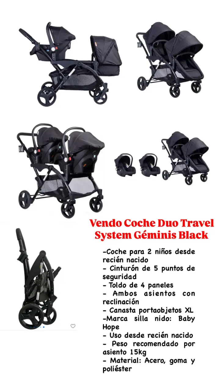 Coche Doble Travel System Géminis Negro