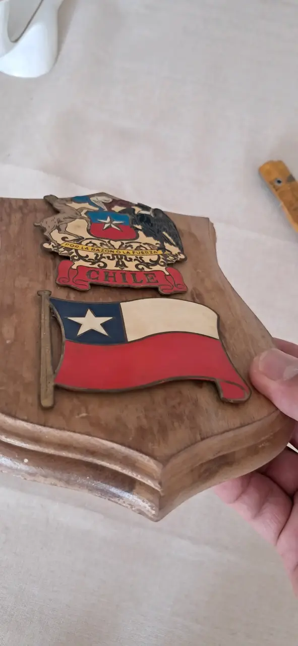 Escudo de madera con bandera de Chile en bronce - 2