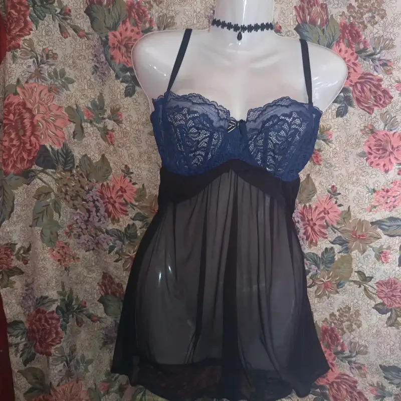 Babydoll de encaje azul y negro transparente - 1