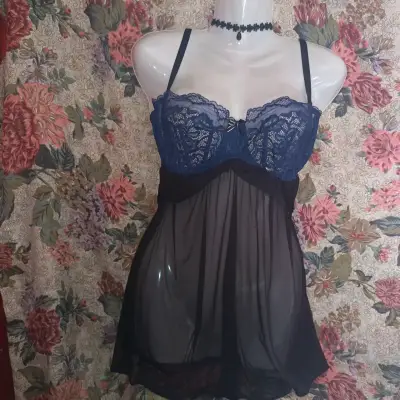 Babydoll de encaje azul y negro transparente - miniatura 1