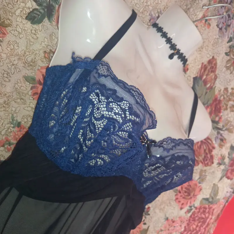 Babydoll de encaje azul y negro transparente - 3