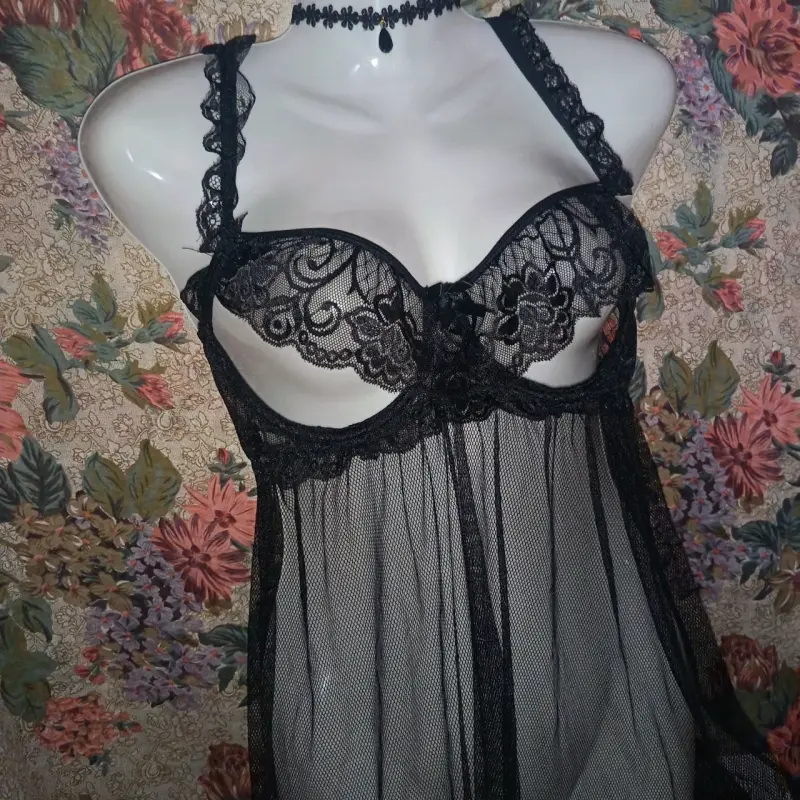 Babydoll de encaje negro transparente - 2