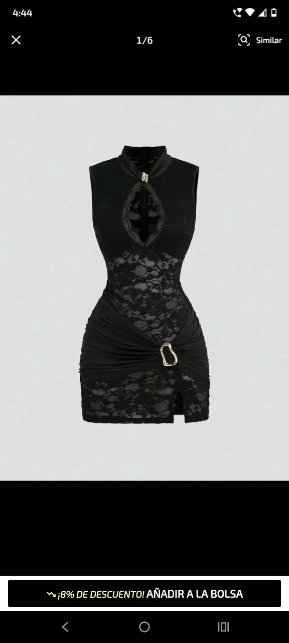 Vestido negro de encaje con detalle dorado