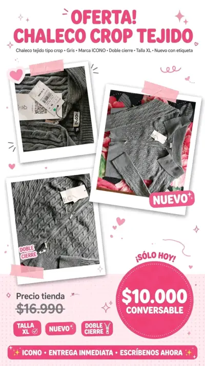 Chaleco Crop Tejido Gris Doble Cierre XL - miniatura 1
