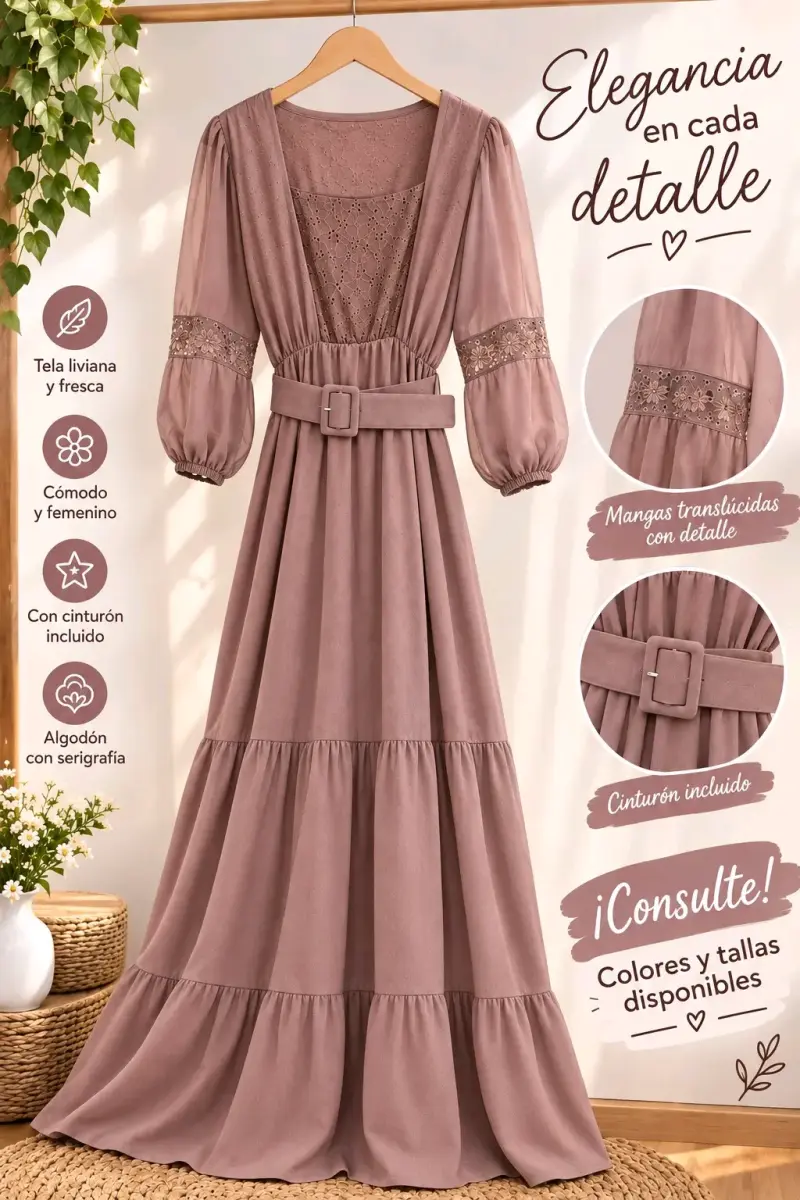 Vestido largo elegante con cinturón y detalles