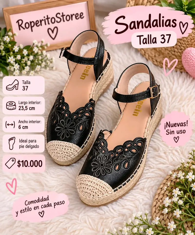 Sandalias negras talla 37 con diseño floral