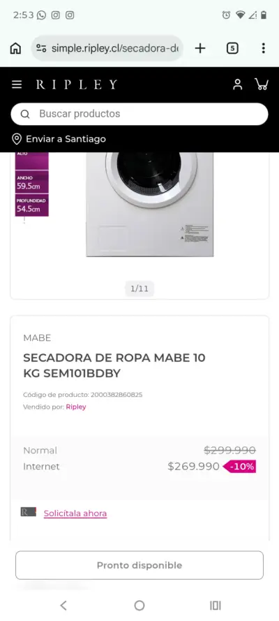 Secadora de Ropa Mabe 10 kg SEM101BDBY - miniatura 1